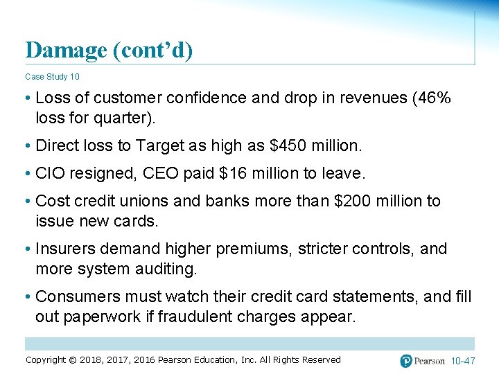 Damage (cont’d) Case Study 10 • Loss of customer confidence and drop in revenues