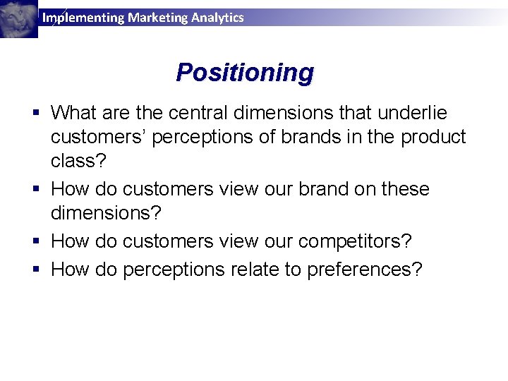 Implementing Marketing Analytics Positioning § What are the central dimensions that underlie customers’ perceptions
