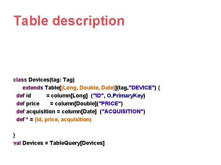 Table description class Devices(tag: Tag) extends Table[(Long, Double, Date)](tag, "DEVICE") { def id =