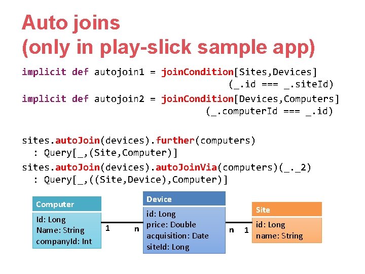 Auto joins (only in play-slick sample app) implicit def autojoin 1 = join. Condition[Sites, Auto joins (only in play-slick sample app) implicit def autojoin 1 = join. Condition[Sites,
