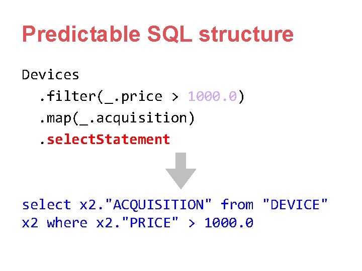 Predictable SQL structure Devices. filter(_. price > 1000. 0). map(_. acquisition). select. Statement select Predictable SQL structure Devices. filter(_. price > 1000. 0). map(_. acquisition). select. Statement select