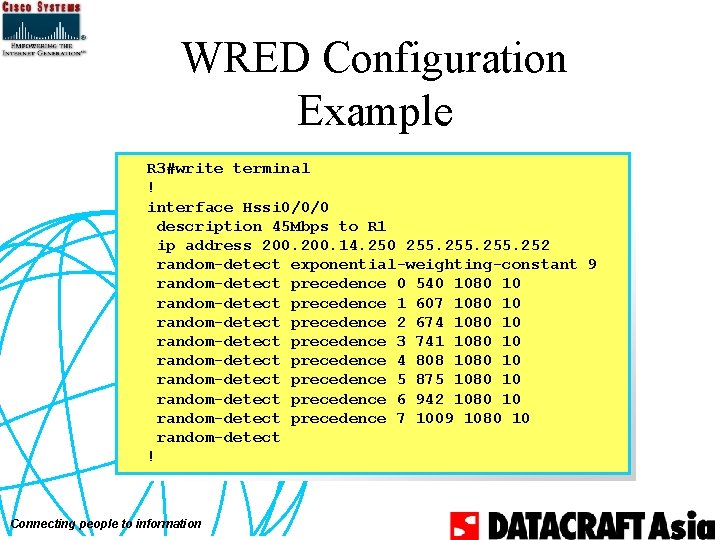 WRED Configuration Example R 3#write terminal ! interface Hssi 0/0/0 description 45 Mbps to