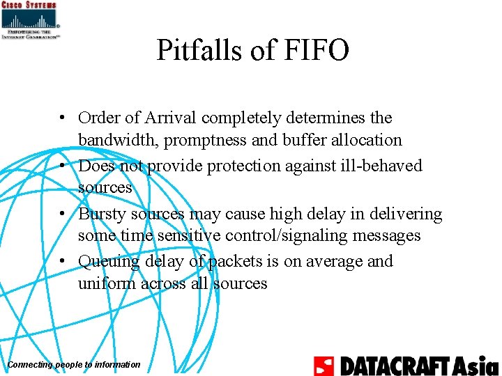 Pitfalls of FIFO • Order of Arrival completely determines the bandwidth, promptness and buffer