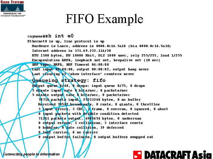 FIFO Example caymans#sh int e 0 Ethernet 0 is up, line protocol is up