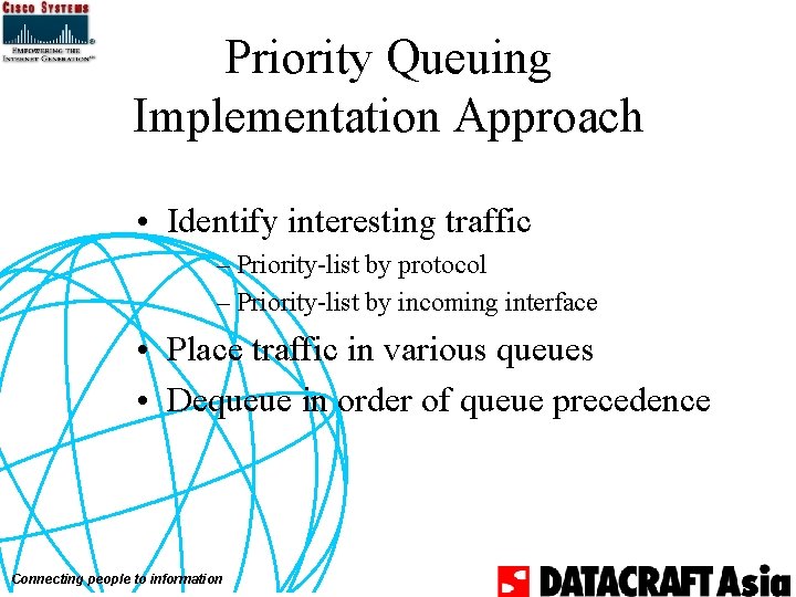 Priority Queuing Implementation Approach • Identify interesting traffic – Priority-list by protocol – Priority-list