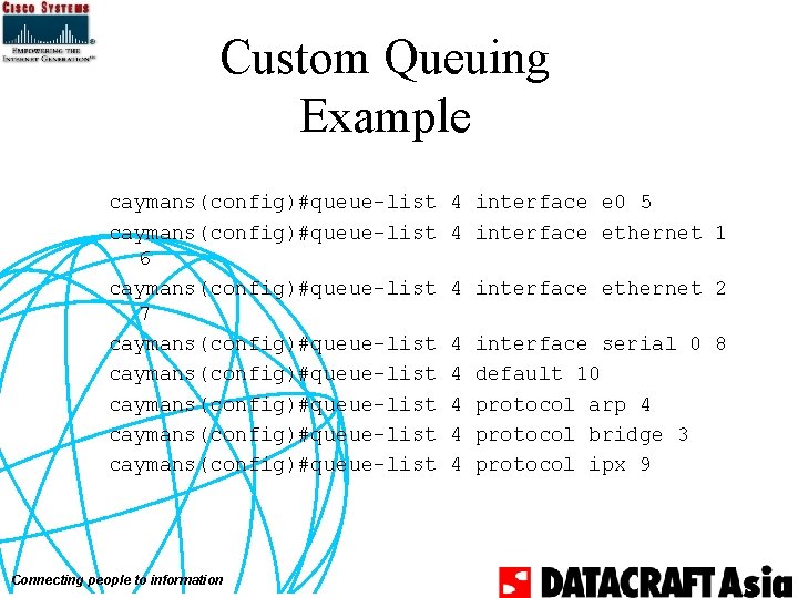 Custom Queuing Example caymans(config)#queue-list 6 caymans(config)#queue-list 7 caymans(config)#queue-list caymans(config)#queue-list Connecting people to information 4