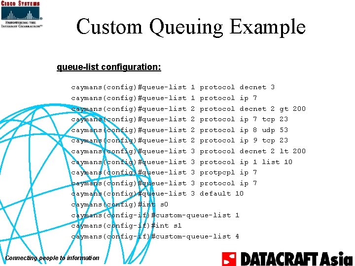 Custom Queuing Example queue-list configuration: caymans(config)#queue-list 1 protocol decnet 3 caymans(config)#queue-list 1 protocol ip