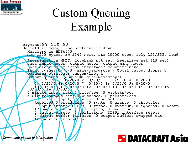 Custom Queuing Example caymans#sh int s 0 Serial 0 is down, line protocol is Custom Queuing Example caymans#sh int s 0 Serial 0 is down, line protocol is