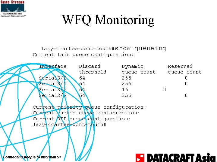 WFQ Monitoring lazy-ccartee-dont-touch#show queueing Current fair queue configuration: Interface Serial 3/0 Serial 3/1 Serial