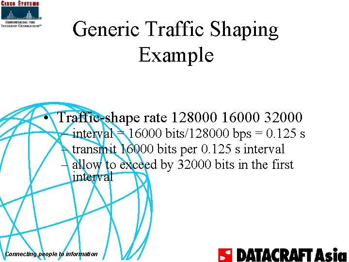 Generic Traffic Shaping Example • Traffic-shape rate 128000 16000 32000 – interval = 16000