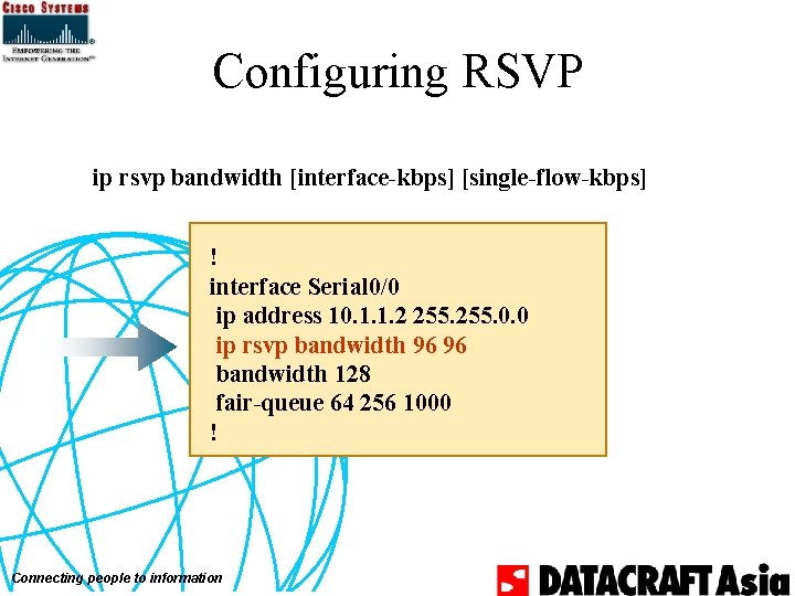 Configuring RSVP ip rsvp bandwidth [interface-kbps] [single-flow-kbps] ! interface Serial 0/0 ip address 10.