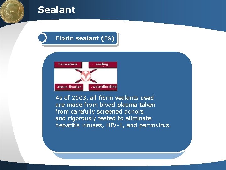 LOGO Sealant Fibrin sealant (FS) Hemostasis Sealing Closing effect As of 2003, all fibrin