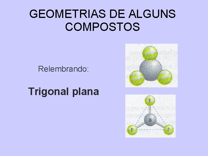 GEOMETRIAS DE ALGUNS COMPOSTOS Relembrando: Trigonal plana 