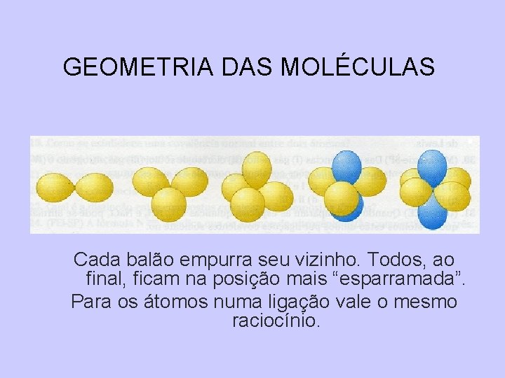 GEOMETRIA DAS MOLÉCULAS Cada balão empurra seu vizinho. Todos, ao final, ficam na posição