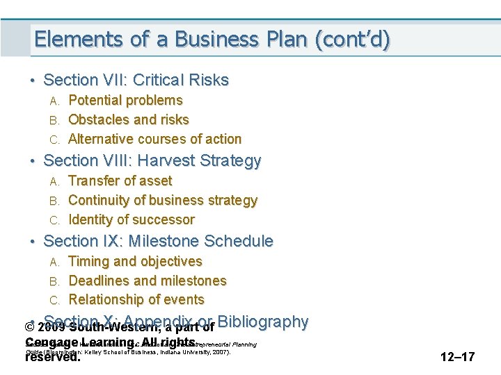 Elements of a Business Plan (cont’d) • Section VII: Critical Risks A. Potential problems