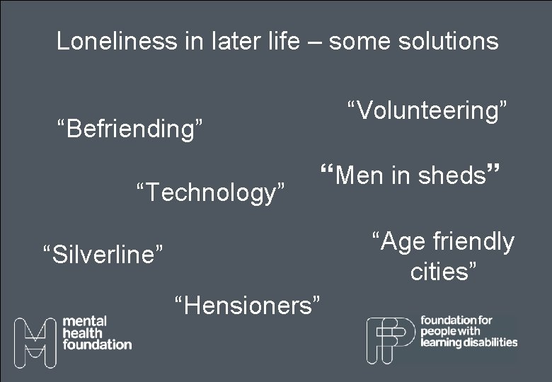 Loneliness in later life – some solutions “Volunteering” “Befriending” “Technology” “Men in sheds” “Age Loneliness in later life – some solutions “Volunteering” “Befriending” “Technology” “Men in sheds” “Age
