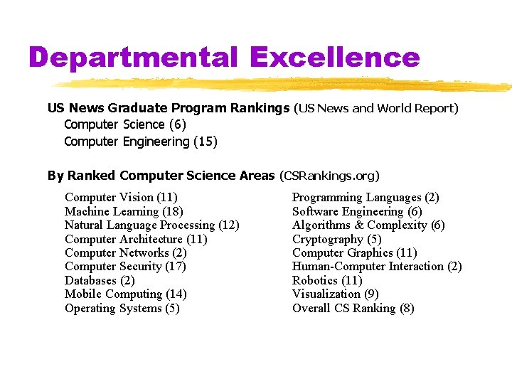 Departmental Excellence US News Graduate Program Rankings (US News and World Report) Computer Science