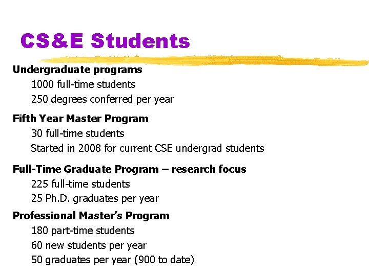 CS&E Students Undergraduate programs 1000 full-time students 250 degrees conferred per year Fifth Year