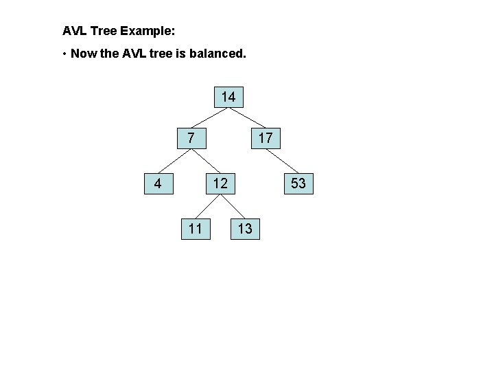 AVL Tree Example: • Now the AVL tree is balanced. 14 7 4 17