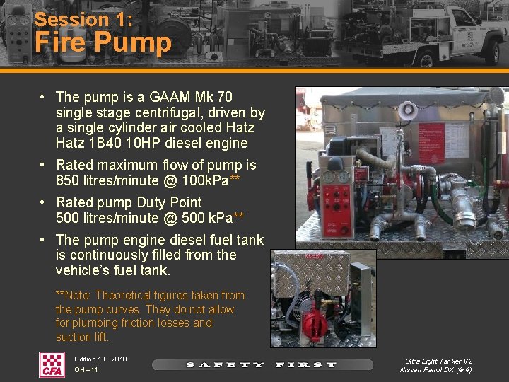 Session 1: Fire Pump • The pump is a GAAM Mk 70 single stage