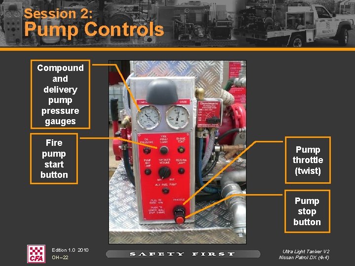 Session 2: Pump Controls Compound and delivery pump pressure gauges Fire pump start button