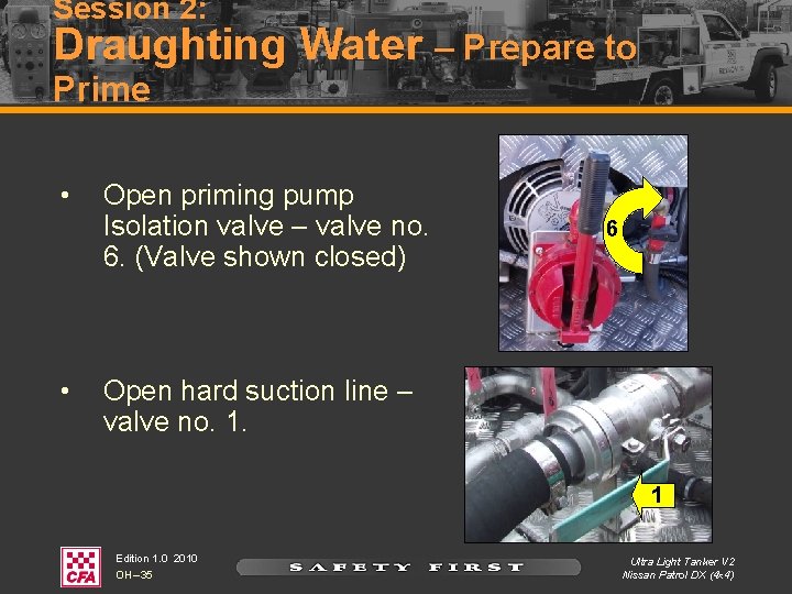 Session 2: Draughting Water – Prepare to Prime • • Open priming pump Isolation