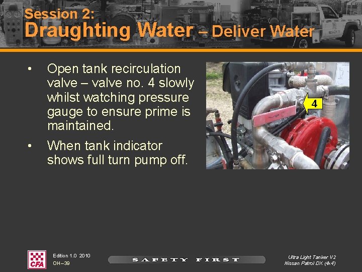 Session 2: Draughting Water – Deliver Water • • Open tank recirculation valve –