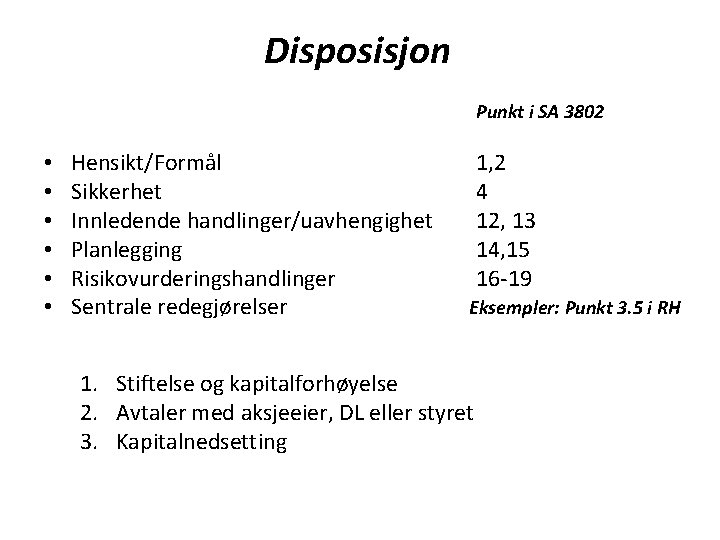 Disposisjon Punkt i SA 3802 • • • Hensikt/Formål Sikkerhet Innledende handlinger/uavhengighet Planlegging Risikovurderingshandlinger Disposisjon Punkt i SA 3802 • • • Hensikt/Formål Sikkerhet Innledende handlinger/uavhengighet Planlegging Risikovurderingshandlinger