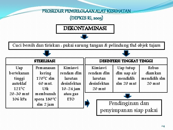 PROSEDUR PENGELOLAAN ALAT KESEHATAN (DEPKES RI, 2003) DEKONTAMINASI Cuci bersih dan tiriskan : pakai