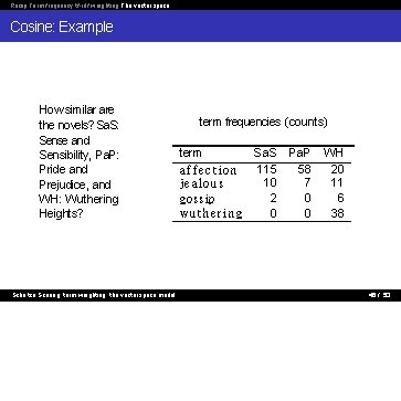 Recap Term frequency tf-idf weighting The vector space Cosine: Example How similar are the