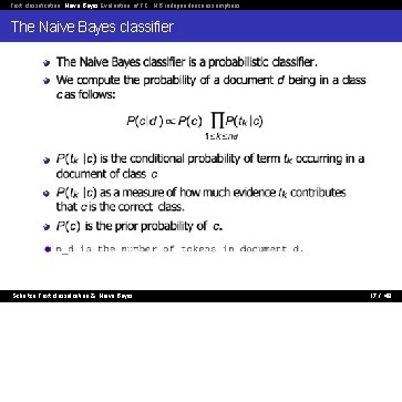 Text classification Naive Bayes Evaluation of TC NB independence assumptions The Naive Bayes classifier