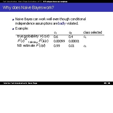 Text classification Naive Bayes Evaluation of TC NB independence assumptions Why does Naive Bayes