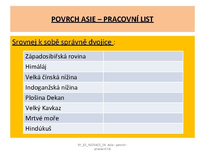 POVRCH ASIE – PRACOVNÍ LIST Srovnej k sobě správně dvojice : Západosibiřská rovina Himáláj