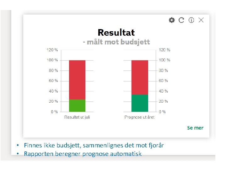  • Finnes ikke budsjett, sammenlignes det mot fjorår • Rapporten beregner prognose automatisk