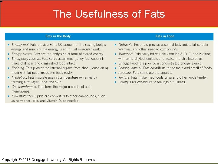 The Usefulness of Fats Copyright © 2017 Cengage Learning. All Rights Reserved. 