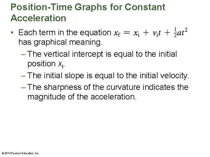 Position-Time Graphs for Constant Acceleration • Each term in the equation has graphical meaning. Position-Time Graphs for Constant Acceleration • Each term in the equation has graphical meaning.