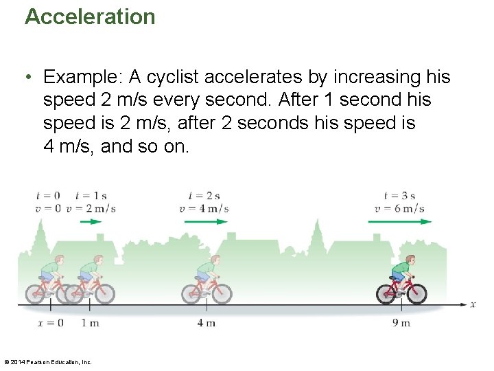 Acceleration • Example: A cyclist accelerates by increasing his speed 2 m/s every second. Acceleration • Example: A cyclist accelerates by increasing his speed 2 m/s every second.