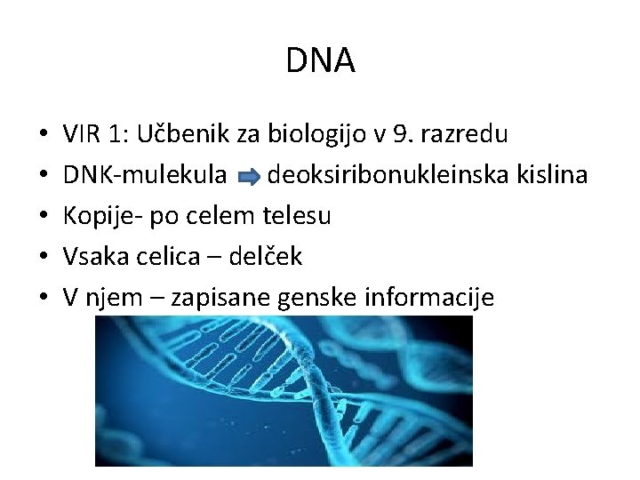 DNA • • • VIR 1: Učbenik za biologijo v 9. razredu DNK-mulekula deoksiribonukleinska