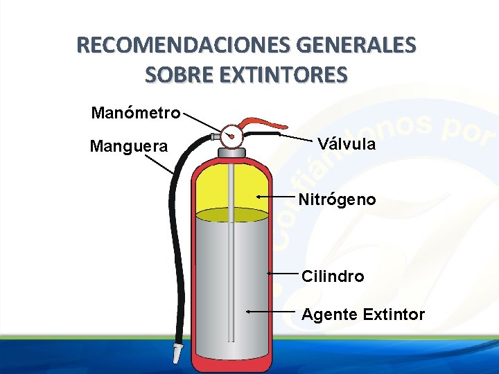 RECOMENDACIONES GENERALES SOBRE EXTINTORES Manómetro Manguera Válvula Nitrógeno Cilindro Agente Extintor 