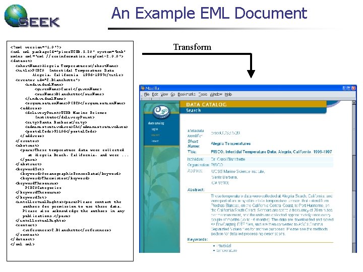 An Example EML Document <? xml version="1. 0"? > <eml: eml package. Id="pisco. UCSB.