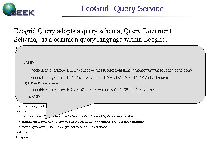 Eco. Grid Query Service Ecogrid Query adopts a query schema, Query Document Schema, as