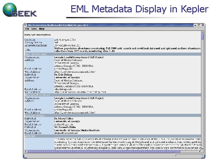 EML Metadata Display in Kepler 