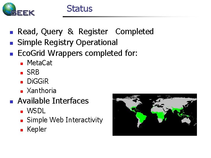 Status n n n Read, Query & Register Completed Simple Registry Operational Eco. Grid