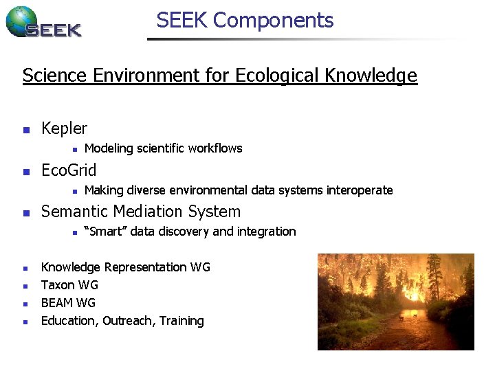 SEEK Components Science Environment for Ecological Knowledge n Kepler n n Eco. Grid n