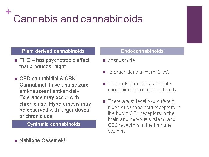 + Cannabis and cannabinoids Plant derived cannabinoids n n THC – has psychotropic effect