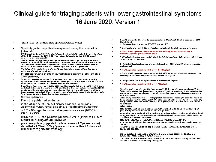Clinical guide for triaging patients with lower gastrointestinal symptoms 16 June 2020, Version 1