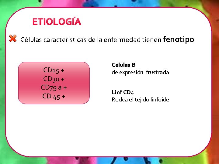 ETIOLOGÍA Células características de la enfermedad tienen fenotipo CD 15 + CD 30 +