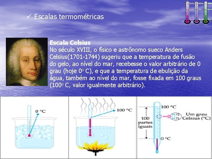 ü Escalas termométricas Escala Celsius No século XVIII, o físico e astrônomo sueco Anders