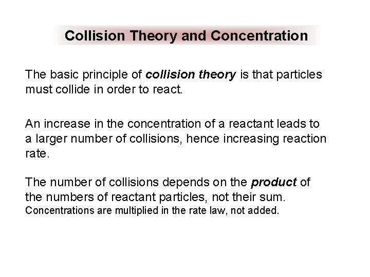 Collision Theory and Concentration The basic principle of collision theory is that particles must