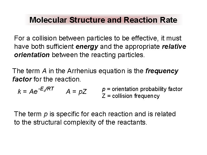 Molecular Structure and Reaction Rate For a collision between particles to be effective, it